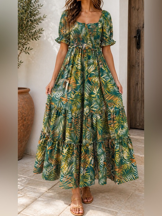 Betsey Johnson Dresses & Skirts - Betsey Johnson Maxi Dress Womens Small Tropical Palm Smocked Puff Sleeve Boho